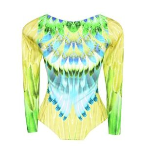 Cia Maritima Brazil Colorful Feathers‎ Bright Long Sleeve Bodysuit Scoop Neck M